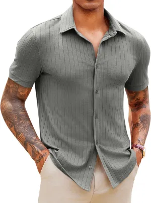 Runcati Mens Knit Button Down Shirts Short Sleeve Polo Shirt Vintage Summer Casual Beach Ribbed Textured Tops