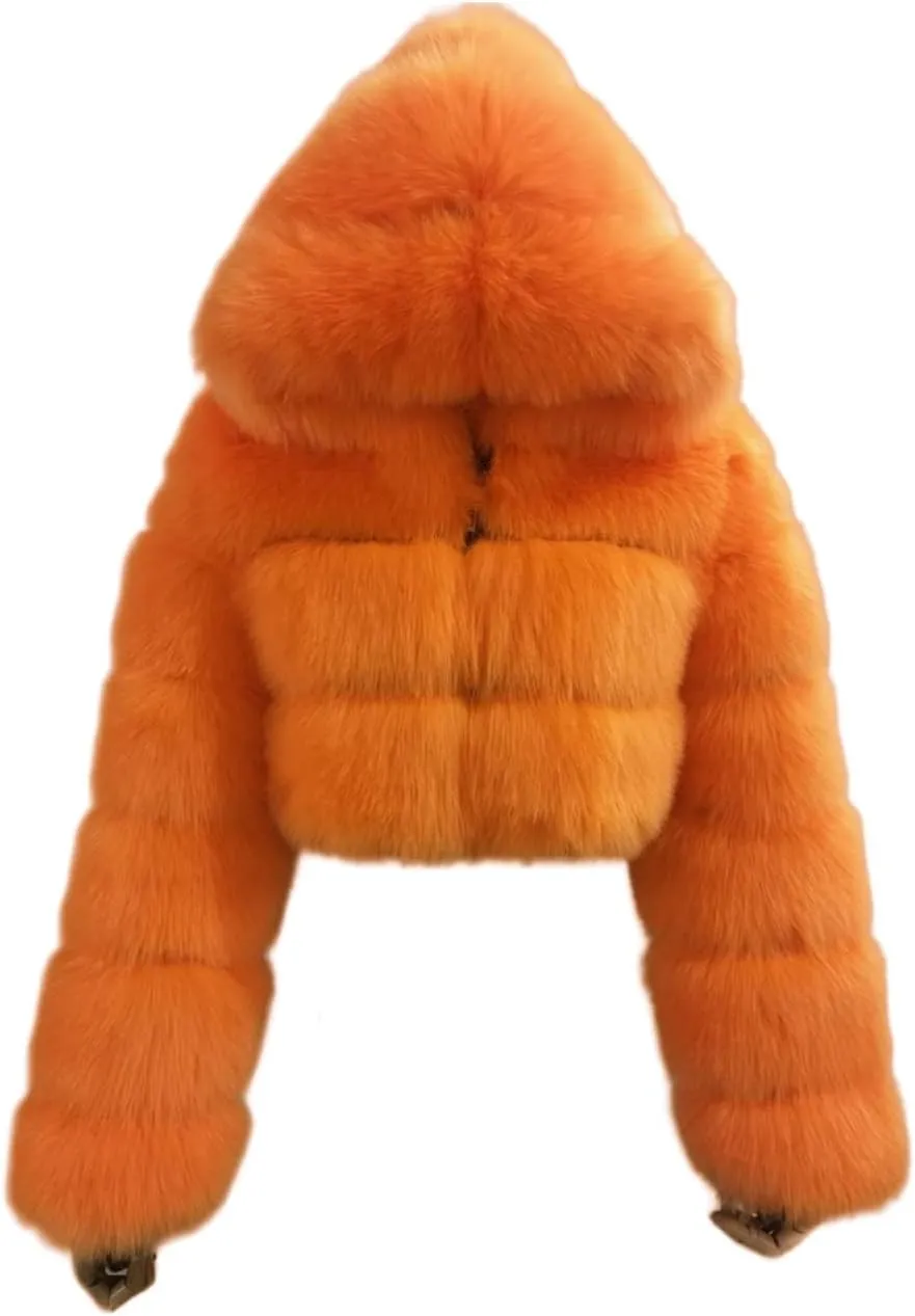 SACFOF Women's Winter Warm Jacket Faux Fur Hooded Jacket Long Sleeve Sexy Short Coat Winter Cropped Shearling Furry Overcoat