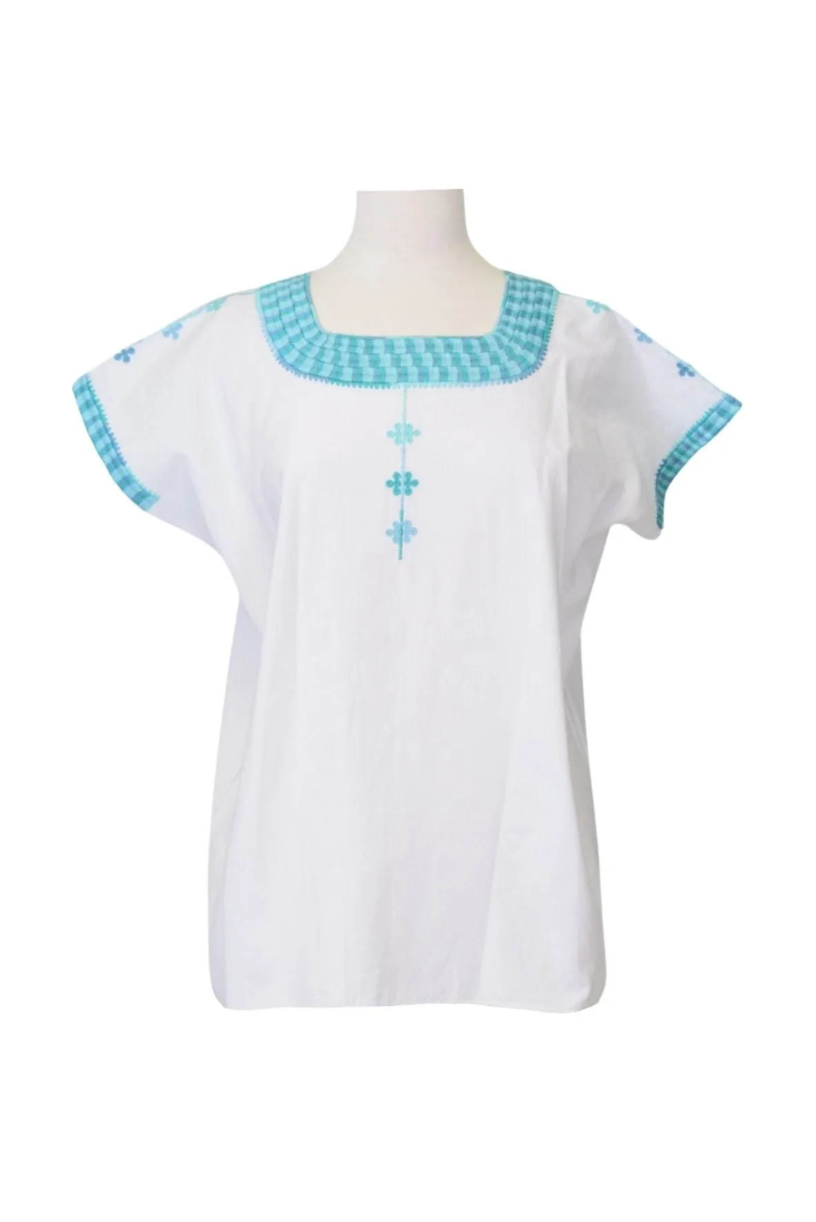 Santa Marta Mexican Top - Cotton - White, Turquoise