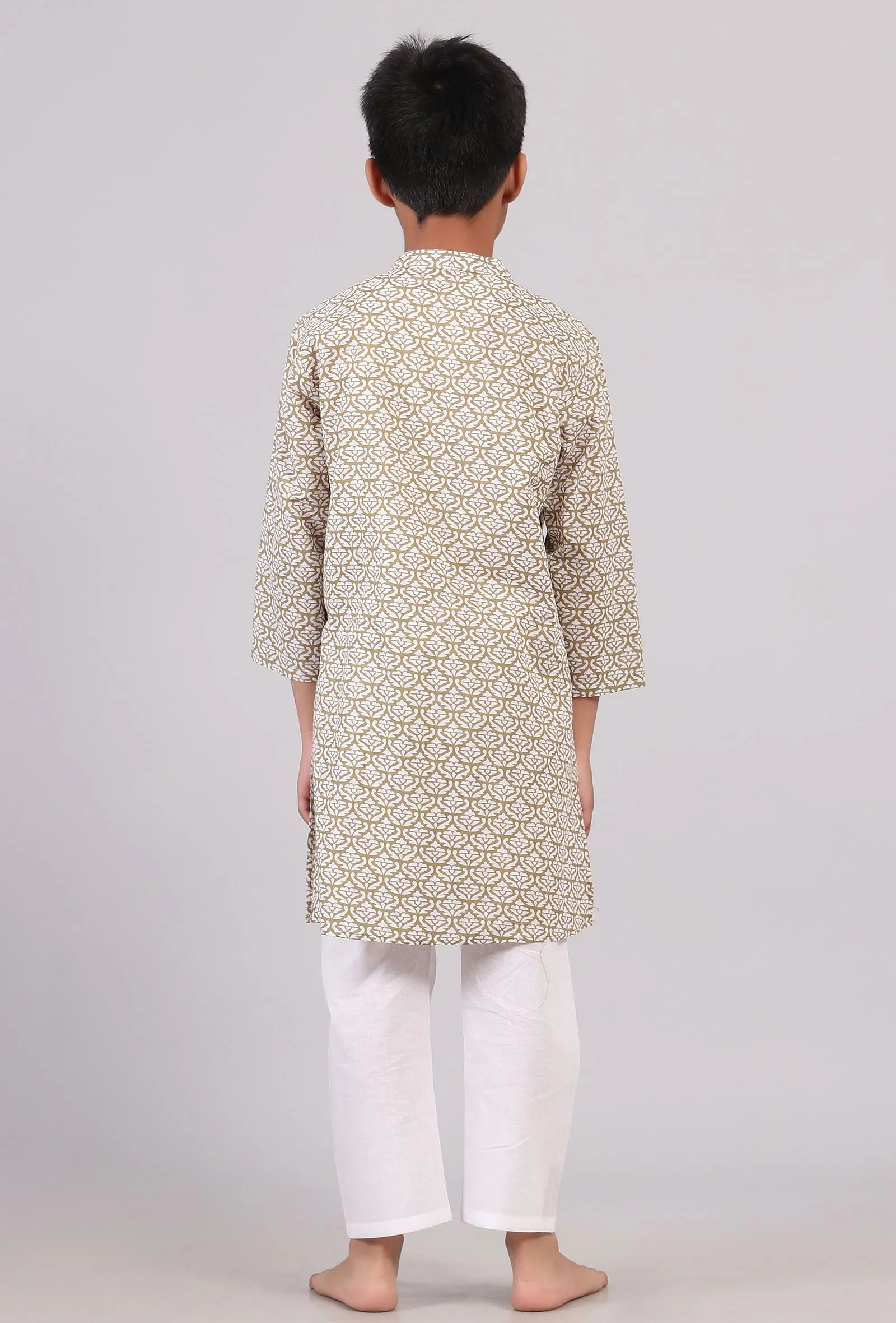 Set of 2: Mustard Beige Floral Hand Block Print Kurta Pyjama Set