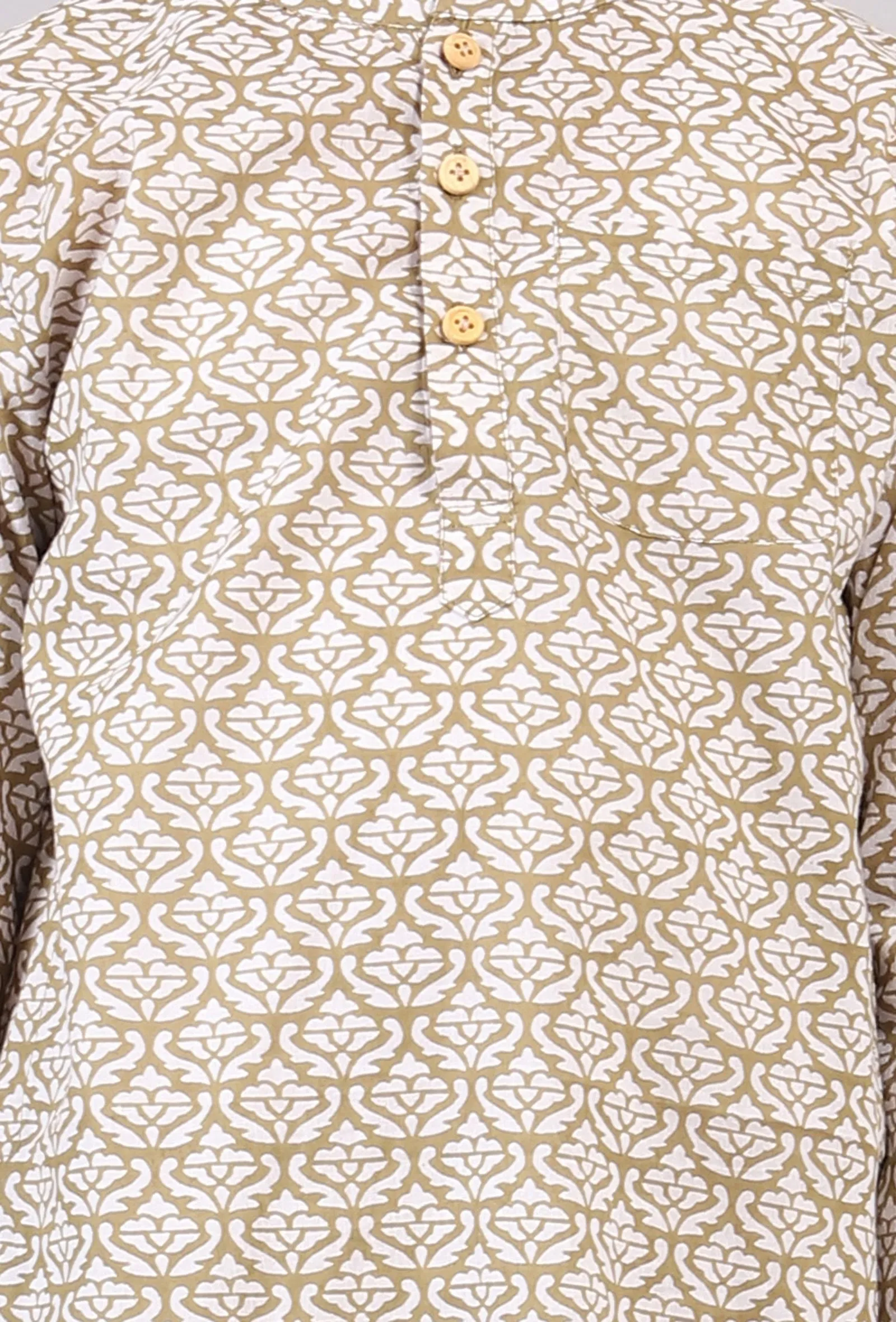 Set of 2: Mustard Beige Floral Hand Block Print Kurta Pyjama Set