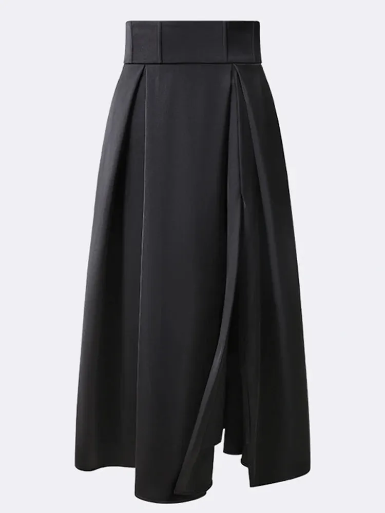 Solid Patchwork Bow A Line Skirts For Women High Waist Split Hem Temperament Skirt Female Fashion Clothing