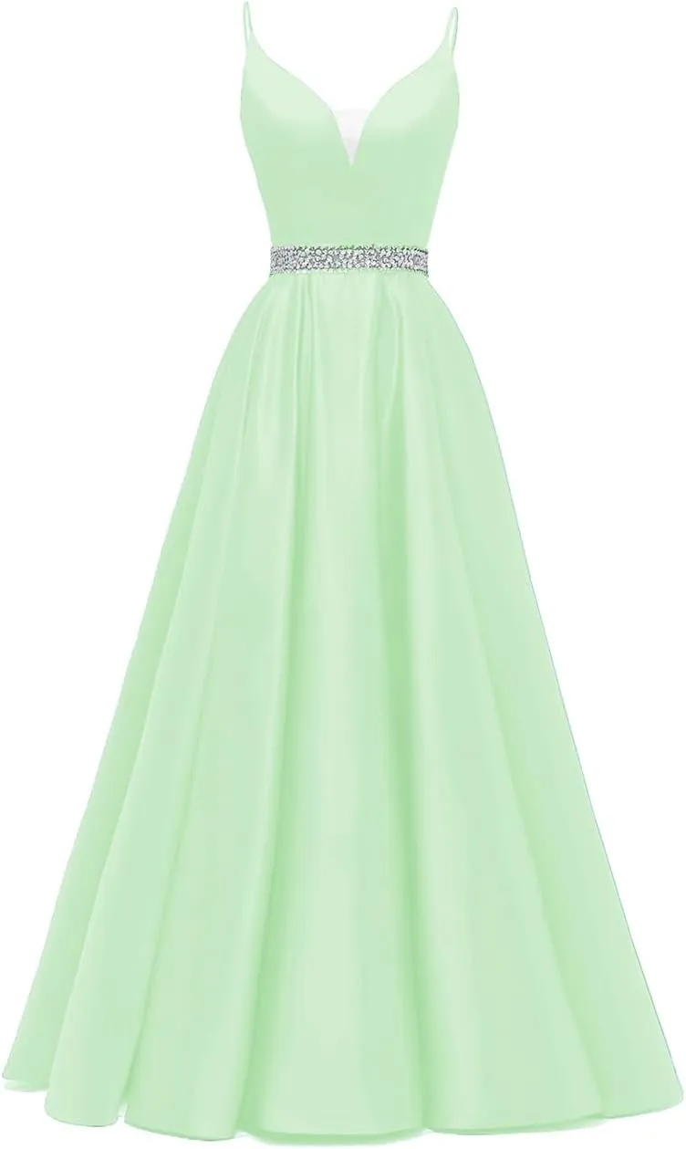 Spaghetti Straps Prom Dress Long Satin Beaded V-Neck Formal Evening Party Ball Gowns with Pockets