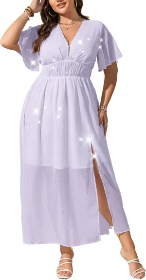 Summer Dresses for Women 2025 Elegant Classy Cocktail Wedding Guest Dress Short Sleeve Slit Maxi with Pockets