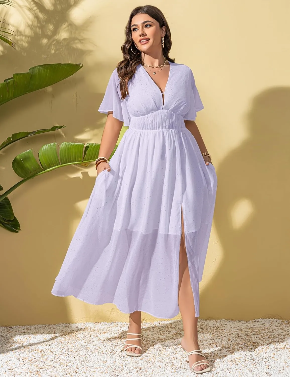 Summer Dresses for Women 2025 Elegant Classy Cocktail Wedding Guest Dress Short Sleeve Slit Maxi with Pockets