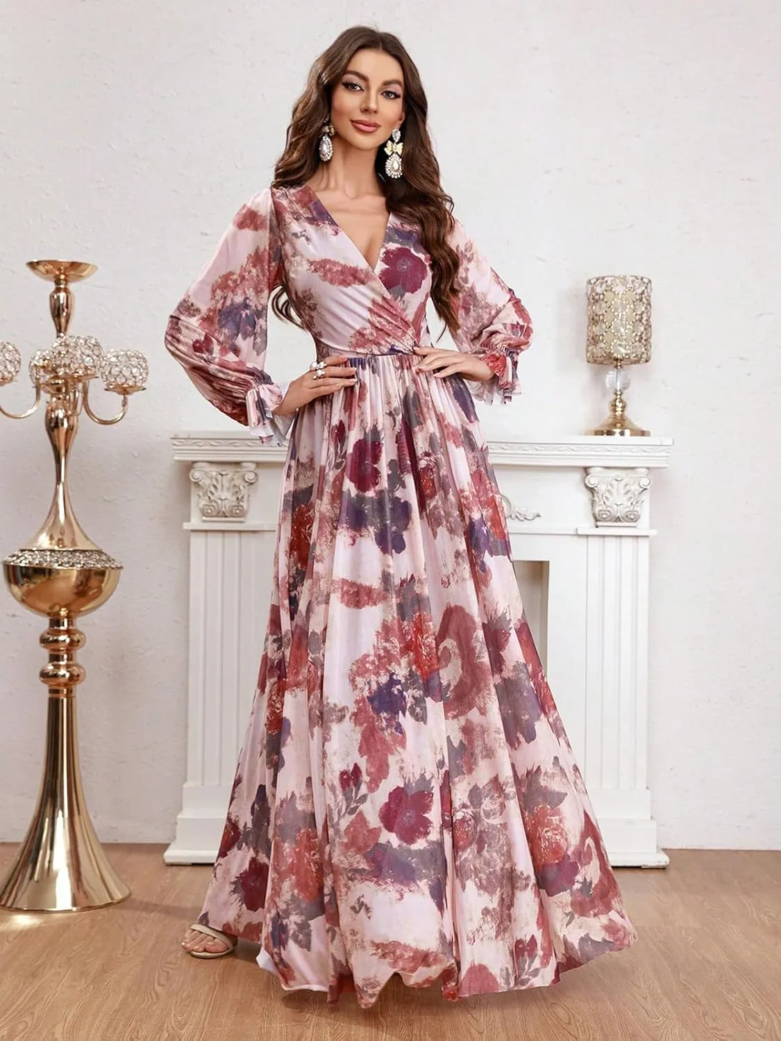 TOLEEN Summer Casual Dresses for Women 2024 Spring Fashion Boho V Neck Long Sleeve Ruffle Floral Print Elegant Maxi Dress