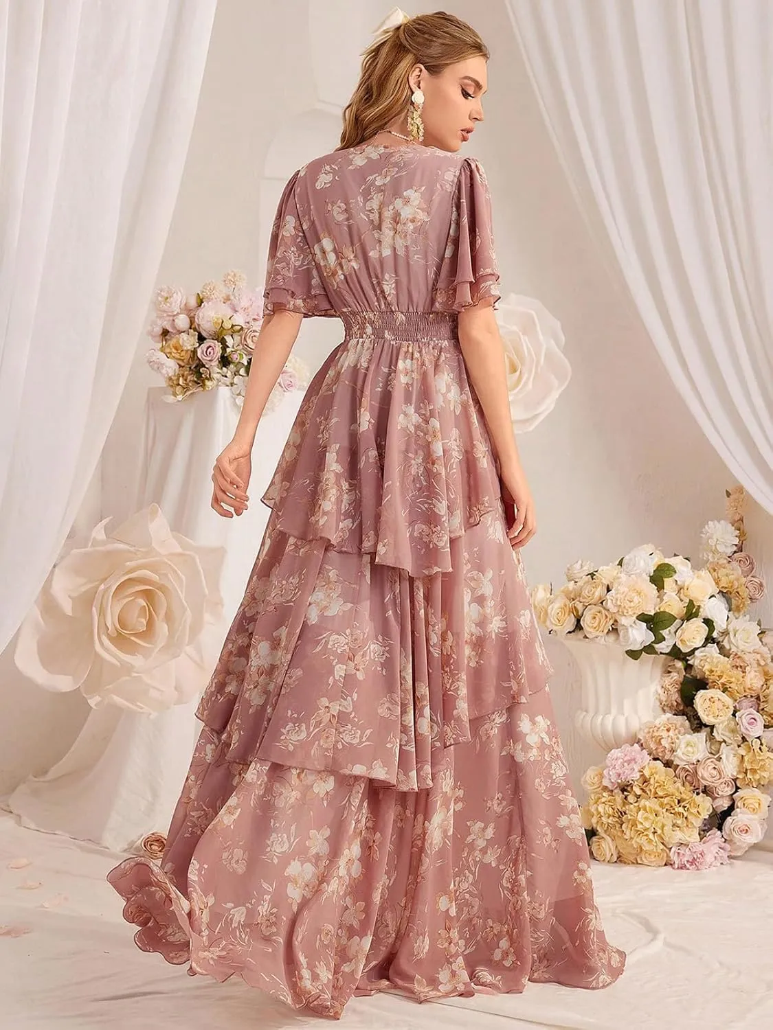 TOLEEN Summer Casual Dresses for Women 2024 Spring Fashion Boho V Neck Long Sleeve Ruffle Floral Print Elegant Maxi Dress