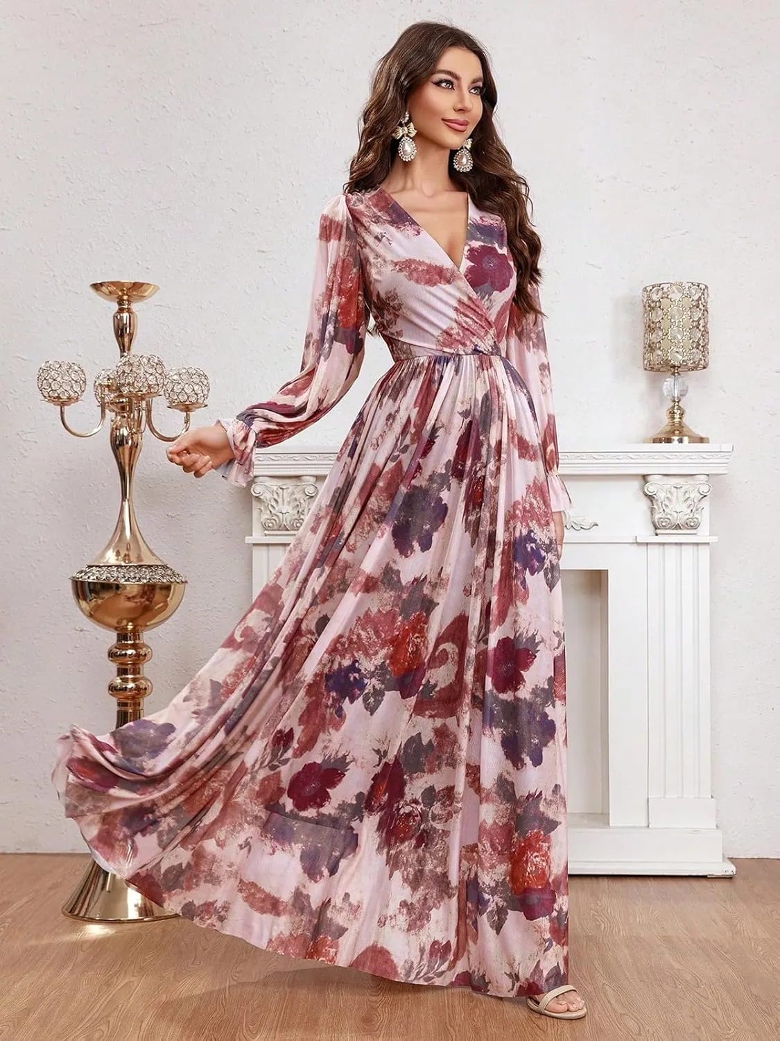 TOLEEN Summer Casual Dresses for Women 2024 Spring Fashion Boho V Neck Long Sleeve Ruffle Floral Print Elegant Maxi Dress