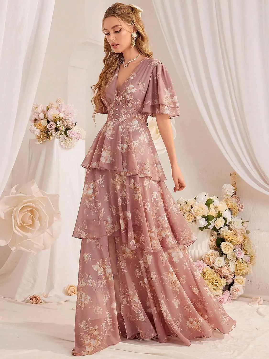 TOLEEN Summer Casual Dresses for Women 2024 Spring Fashion Boho V Neck Long Sleeve Ruffle Floral Print Elegant Maxi Dress