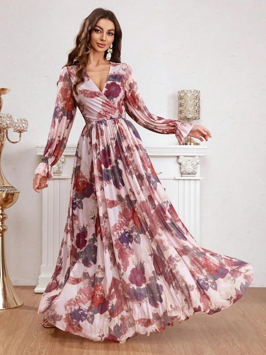 TOLEEN Summer Casual Dresses for Women 2024 Spring Fashion Boho V Neck Long Sleeve Ruffle Floral Print Elegant Maxi Dress