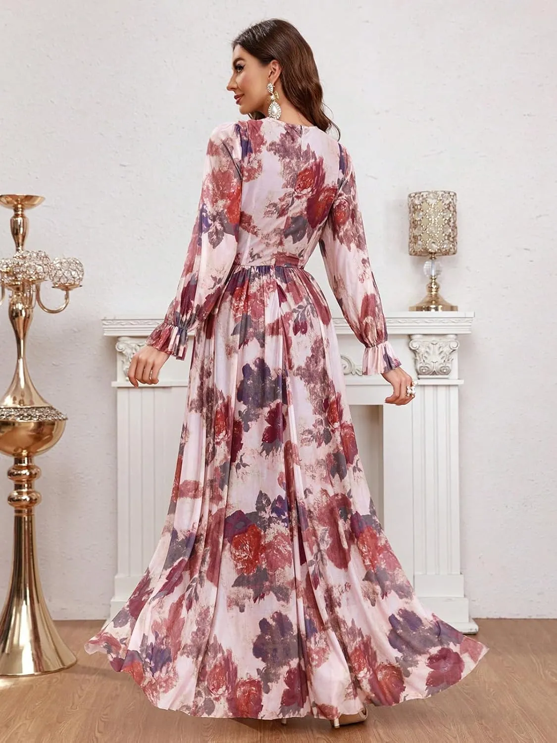 TOLEEN Summer Casual Dresses for Women 2024 Spring Fashion Boho V Neck Long Sleeve Ruffle Floral Print Elegant Maxi Dress