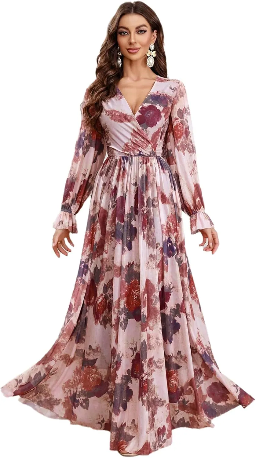 TOLEEN Summer Casual Dresses for Women 2024 Spring Fashion Boho V Neck Long Sleeve Ruffle Floral Print Elegant Maxi Dress
