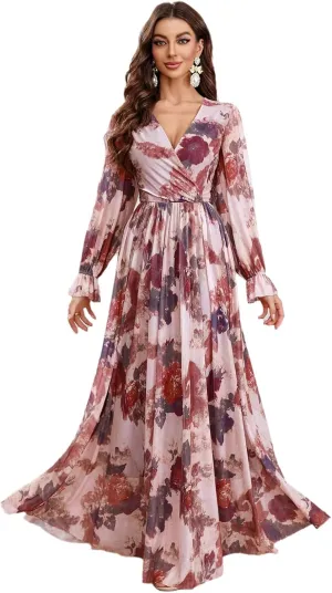 TOLEEN Summer Casual Dresses for Women 2024 Spring Fashion Boho V Neck Long Sleeve Ruffle Floral Print Elegant Maxi Dress
