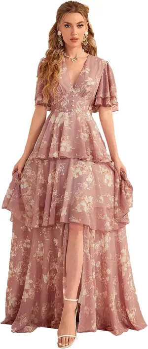 TOLEEN Summer Casual Dresses for Women 2024 Spring Fashion Boho V Neck Long Sleeve Ruffle Floral Print Elegant Maxi Dress