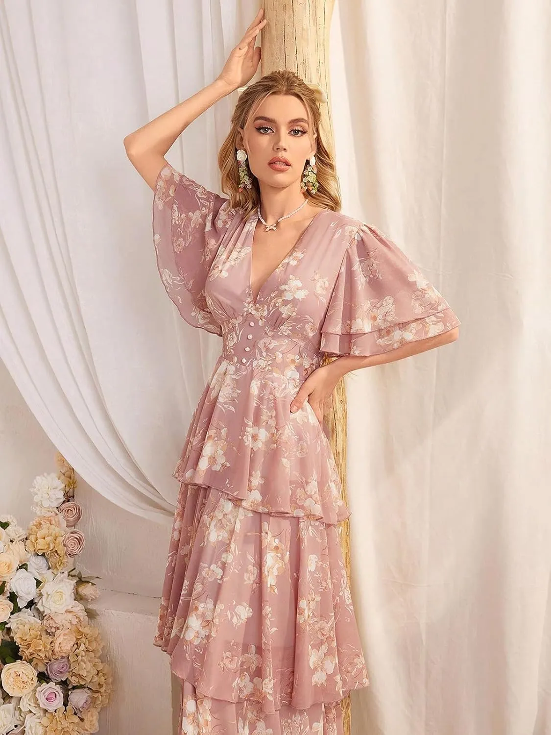 TOLEEN Summer Casual Dresses for Women 2024 Spring Fashion Boho V Neck Long Sleeve Ruffle Floral Print Elegant Maxi Dress