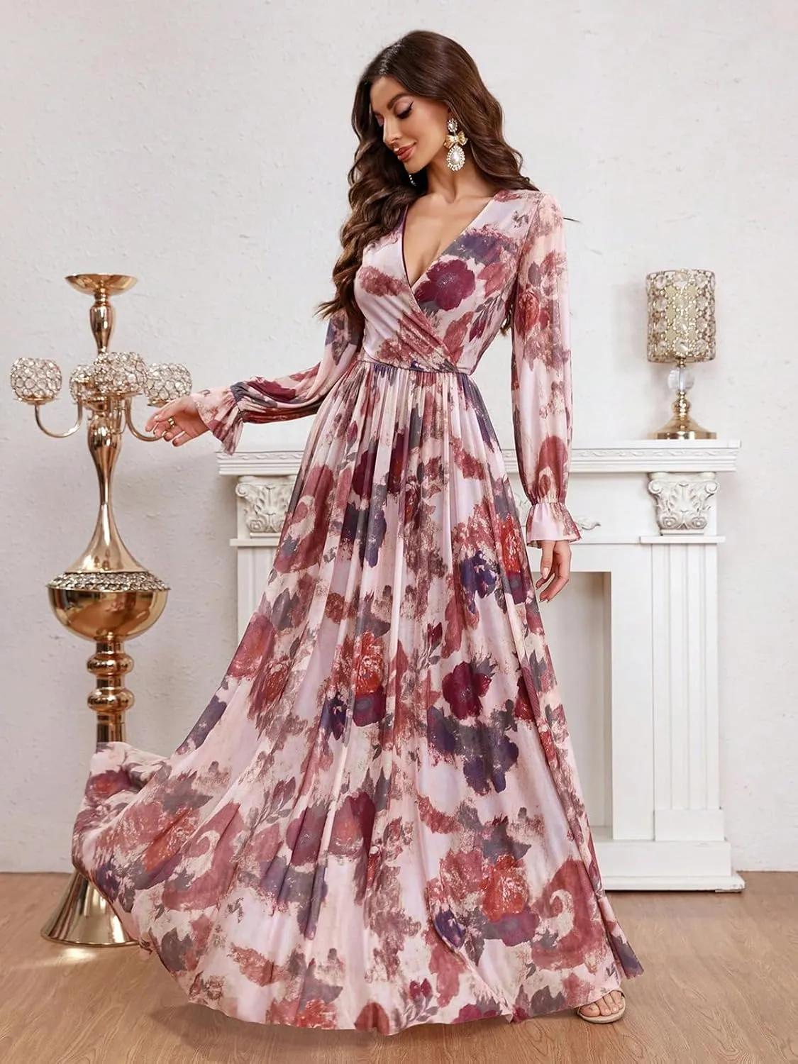 TOLEEN Summer Casual Dresses for Women 2024 Spring Fashion Boho V Neck Long Sleeve Ruffle Floral Print Elegant Maxi Dress
