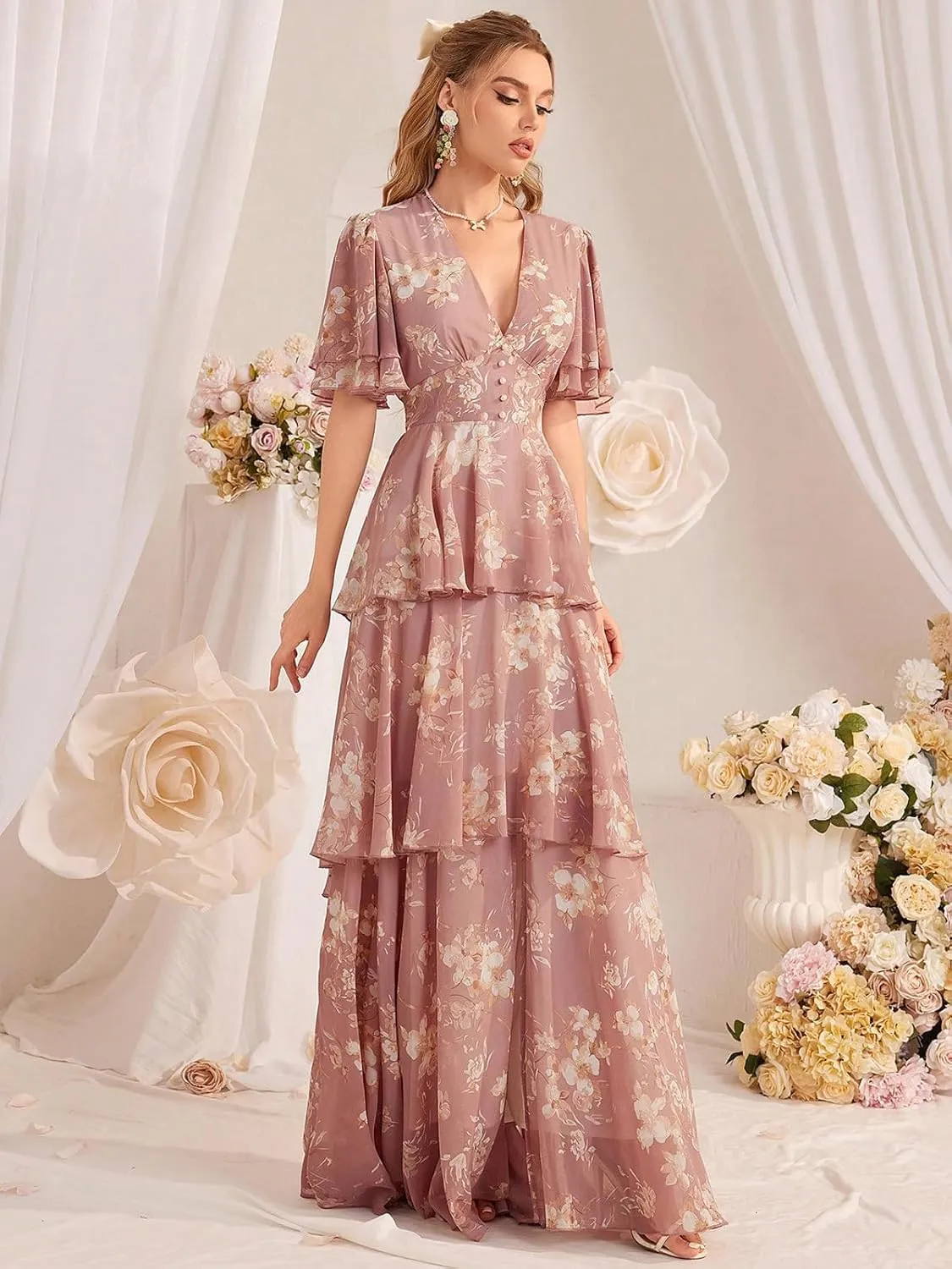TOLEEN Summer Casual Dresses for Women 2024 Spring Fashion Boho V Neck Long Sleeve Ruffle Floral Print Elegant Maxi Dress