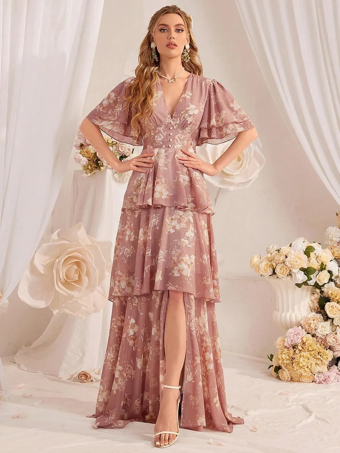 TOLEEN Summer Casual Dresses for Women 2024 Spring Fashion Boho V Neck Long Sleeve Ruffle Floral Print Elegant Maxi Dress