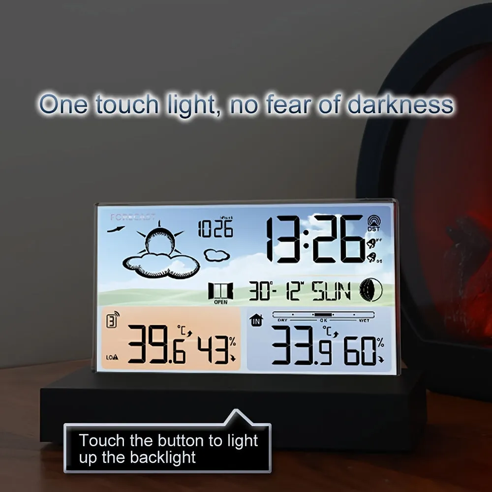 Transparent Glass Weather Thermometer Clock Color Screen RF Wireless Multi-function Weather Forecast Indoor Outdoor Thermometer Electronic Alarm Clock