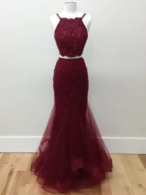 Two Pieces Halter Neck Mermaid Tulle Maroon Prom with Beadings Maroon Formal Evening