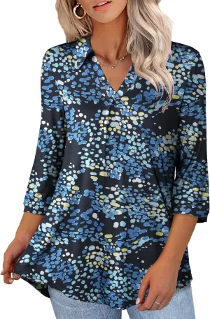 U.Vomade Women's 3/4 Sleeve Plus Size Tops Collared V Neck Casual Comfy Work Blouses L-4X