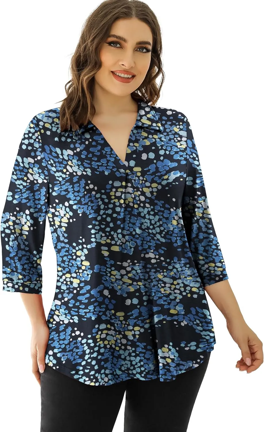 U.Vomade Women's 3/4 Sleeve Plus Size Tops Collared V Neck Casual Comfy Work Blouses L-4X