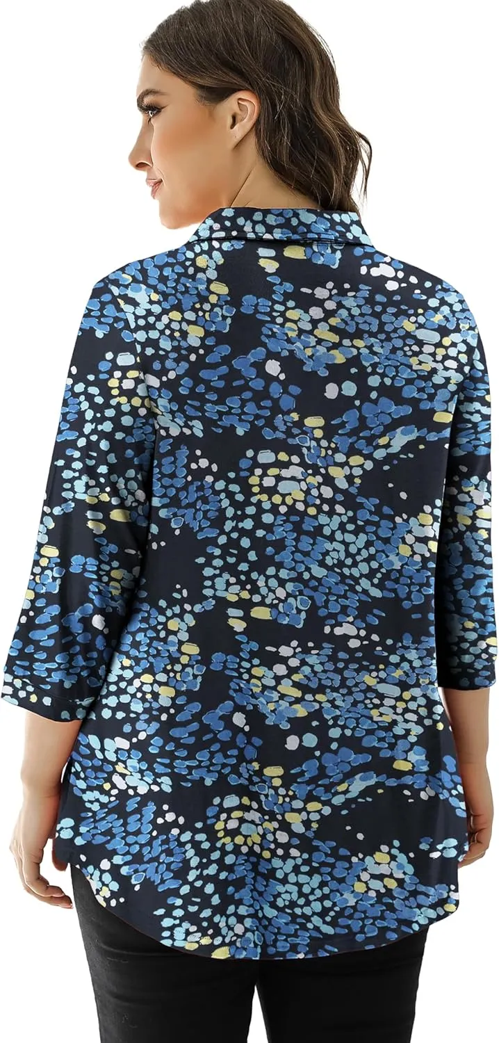 U.Vomade Women's 3/4 Sleeve Plus Size Tops Collared V Neck Casual Comfy Work Blouses L-4X