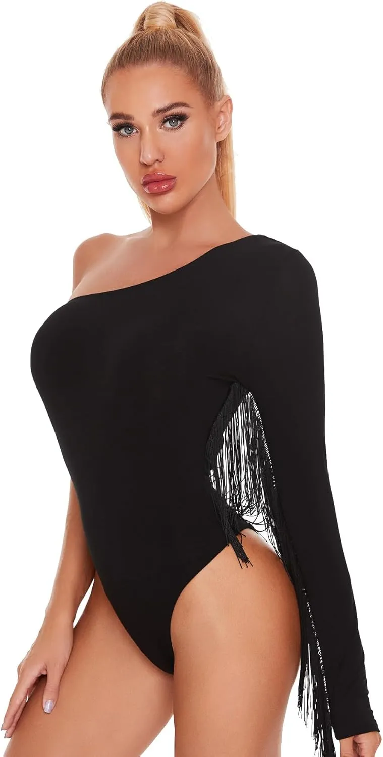 Verdusa Women's Fringe Trim One Shoulder Long Sleeve Bodysuit Top