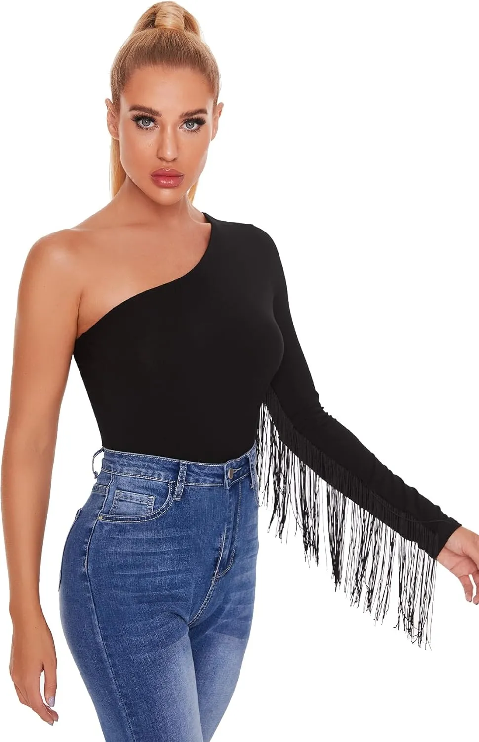 Verdusa Women's Fringe Trim One Shoulder Long Sleeve Bodysuit Top