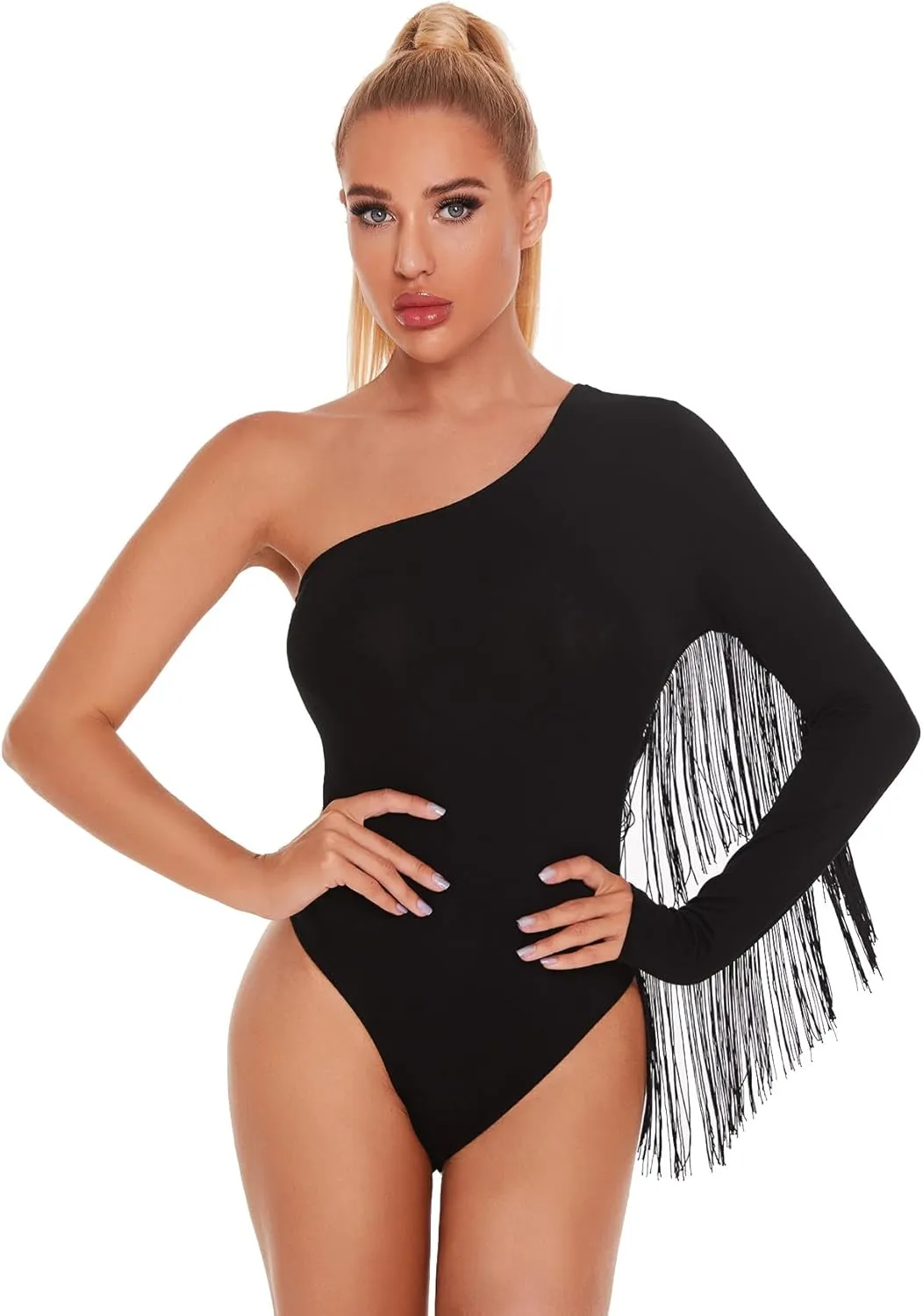 Verdusa Women's Fringe Trim One Shoulder Long Sleeve Bodysuit Top