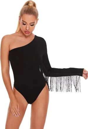 Verdusa Women's Fringe Trim One Shoulder Long Sleeve Bodysuit Top