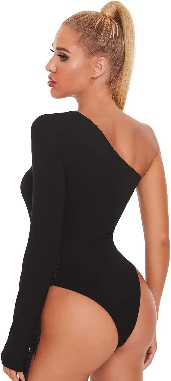 Verdusa Women's Fringe Trim One Shoulder Long Sleeve Bodysuit Top