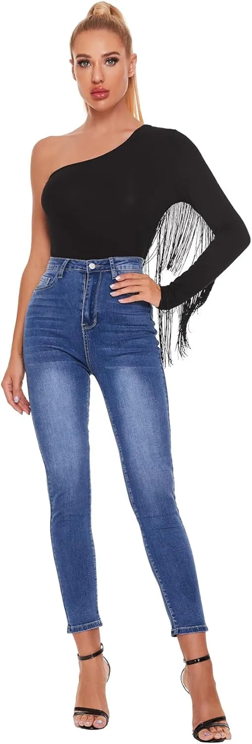 Verdusa Women's Fringe Trim One Shoulder Long Sleeve Bodysuit Top