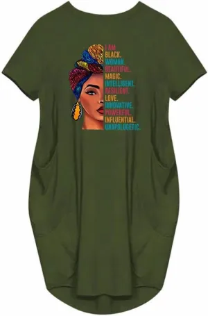 WbJetr I Am Black Woman Beautiful Magic Short Sleeve Loose Pocket Oversize Tunic Dress
