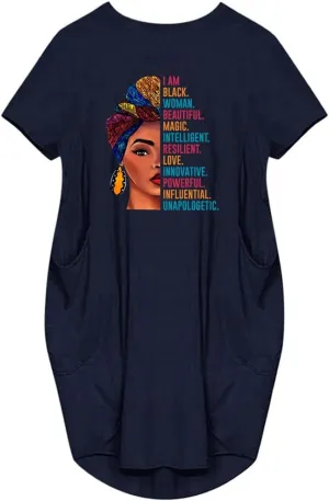 WbJetr I Am Black Woman Beautiful Magic Short Sleeve Loose Pocket Oversize Tunic Dress