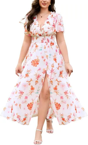 Wedding Guest Dresses for Women 2025 Elegant Classy Cocktail Gown Short Flutter Sleeve Floral Summer Maxi Dress
