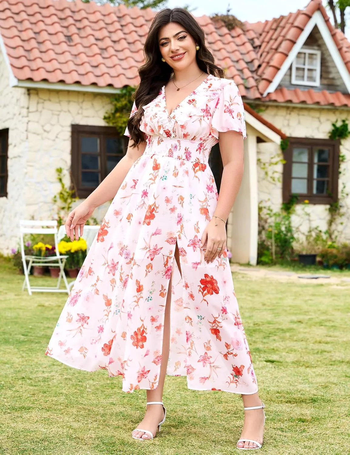 Wedding Guest Dresses for Women 2025 Elegant Classy Cocktail Gown Short Flutter Sleeve Floral Summer Maxi Dress