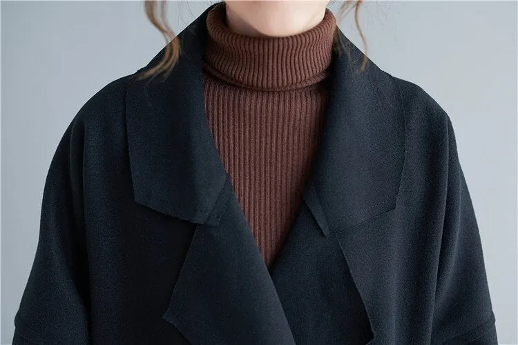 Wjczt Winter Woolen Women Loose Coats 2022 New Korean Solid Color Turn-down Collar Big Pockets Long Female Coats