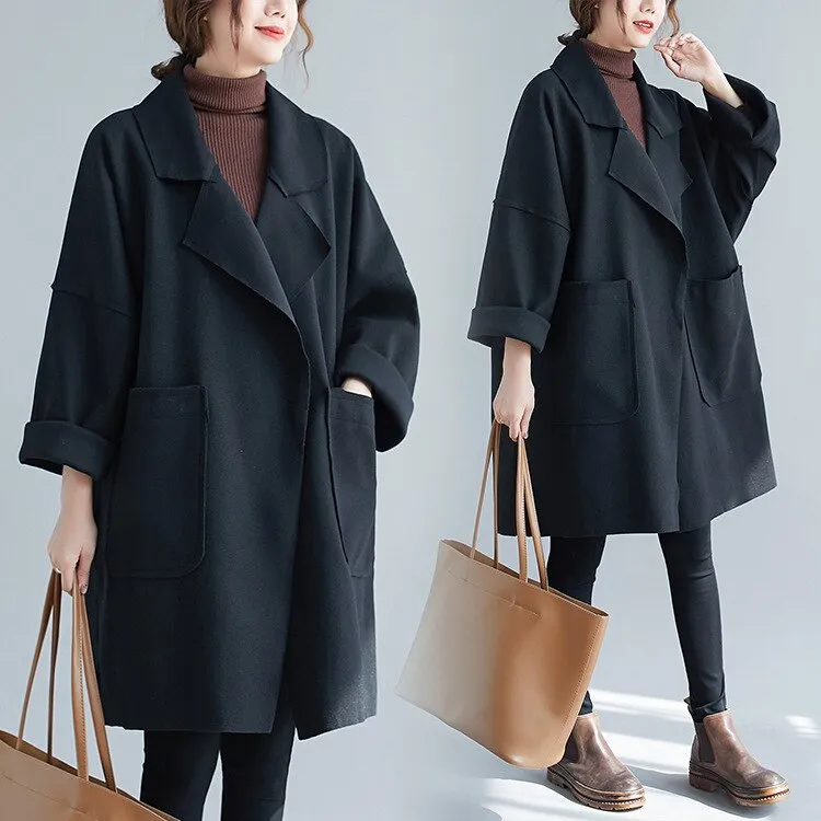 Wjczt Winter Woolen Women Loose Coats 2022 New Korean Solid Color Turn-down Collar Big Pockets Long Female Coats