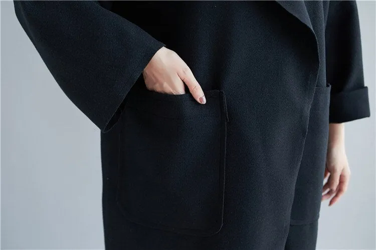 Wjczt Winter Woolen Women Loose Coats 2022 New Korean Solid Color Turn-down Collar Big Pockets Long Female Coats