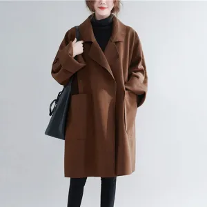 Wjczt Winter Woolen Women Loose Coats 2022 New Korean Solid Color Turn-down Collar Big Pockets Long Female Coats