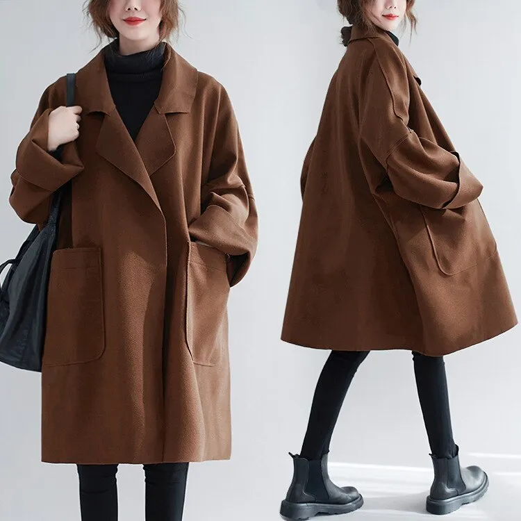 Wjczt Winter Woolen Women Loose Coats 2022 New Korean Solid Color Turn-down Collar Big Pockets Long Female Coats