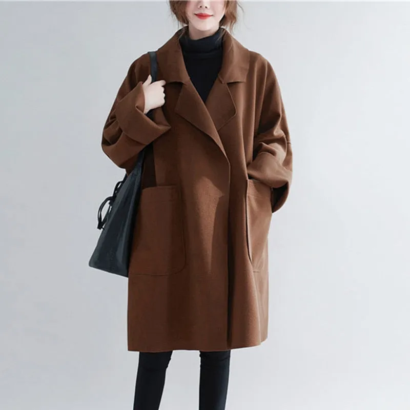 Wjczt Winter Woolen Women Loose Coats 2022 New Korean Solid Color Turn-down Collar Big Pockets Long Female Coats