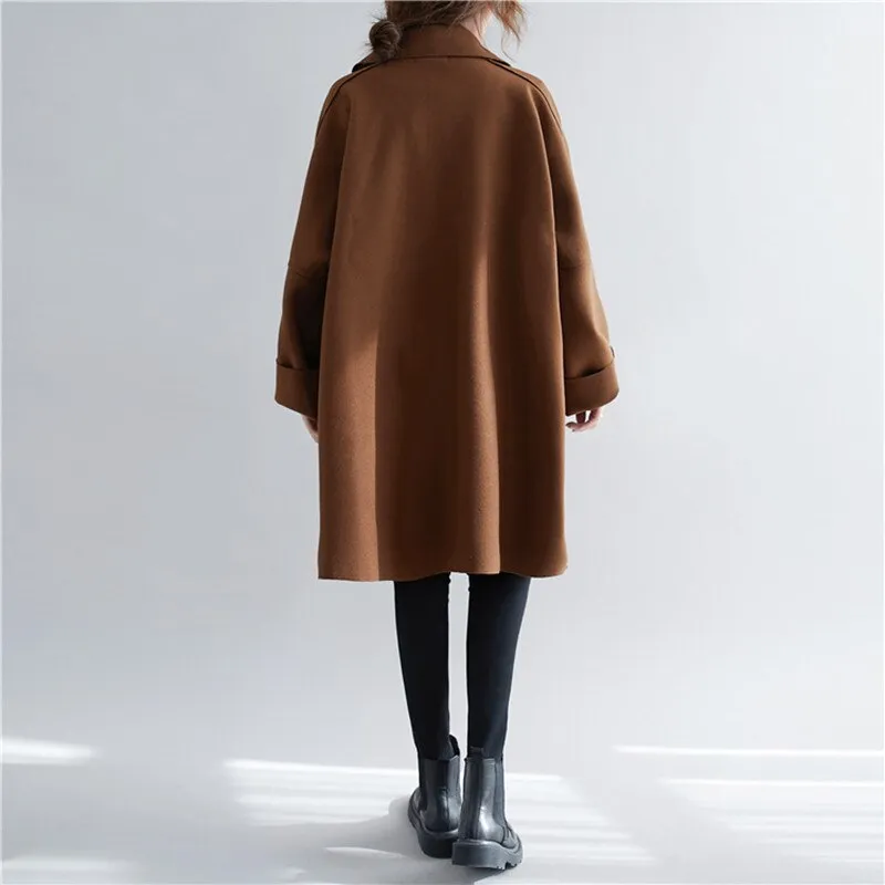 Wjczt Winter Woolen Women Loose Coats 2022 New Korean Solid Color Turn-down Collar Big Pockets Long Female Coats