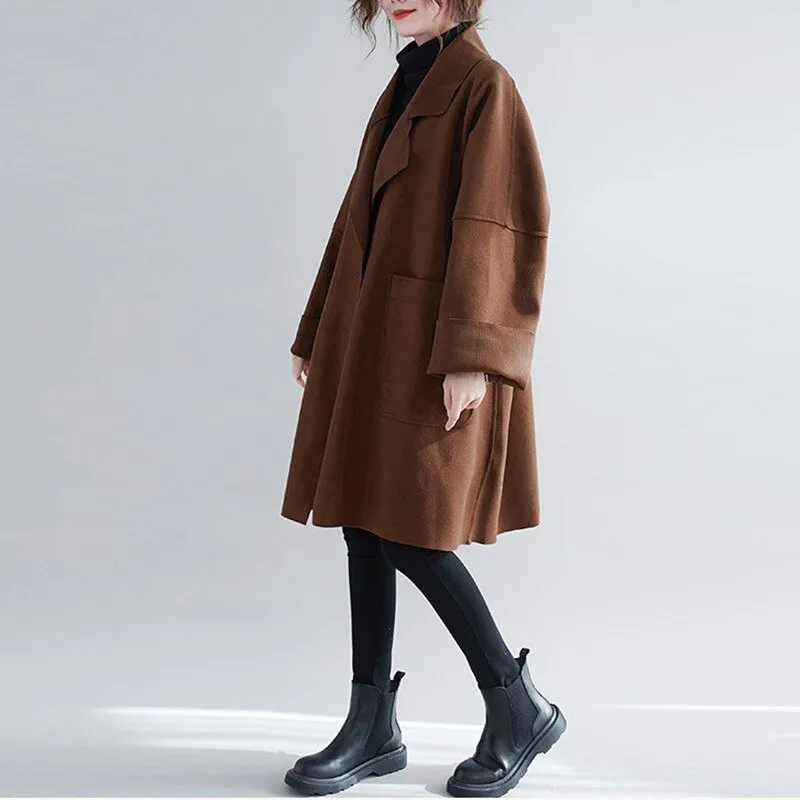 Wjczt Winter Woolen Women Loose Coats 2022 New Korean Solid Color Turn-down Collar Big Pockets Long Female Coats