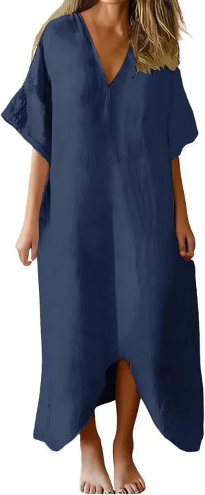 Women's 2025 Linen Casual Dresses Flowy V Neck Short Sleeve Maxi Dress Lightweight Summer Beach Vacation Clothes