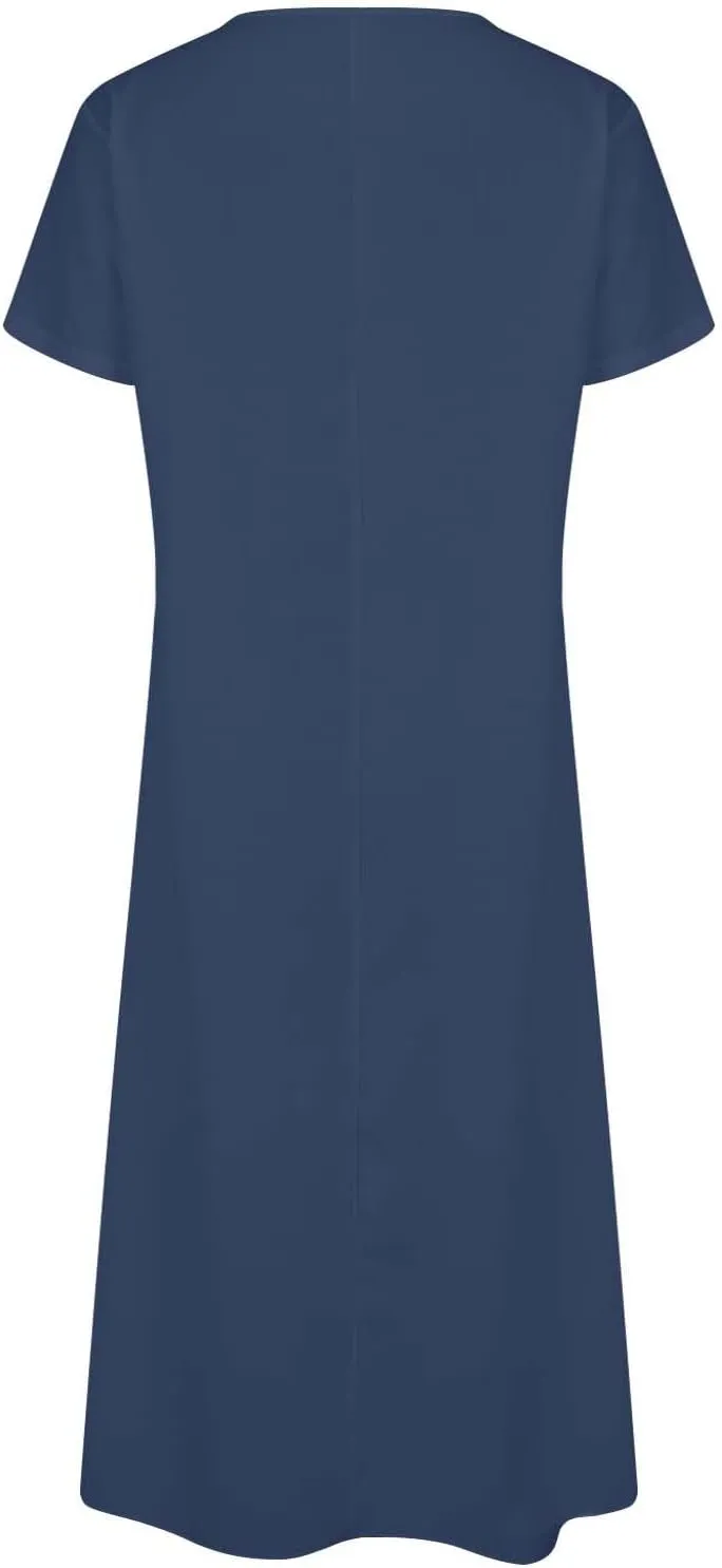 Women's 2025 Linen Casual Dresses Flowy V Neck Short Sleeve Maxi Dress Lightweight Summer Beach Vacation Clothes
