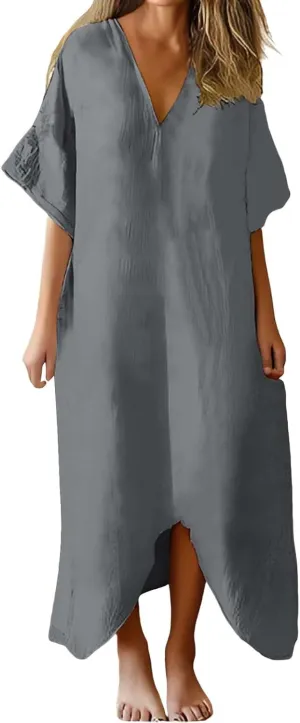 Women's 2025 Linen Casual Dresses Flowy V Neck Short Sleeve Maxi Dress Lightweight Summer Beach Vacation Clothes