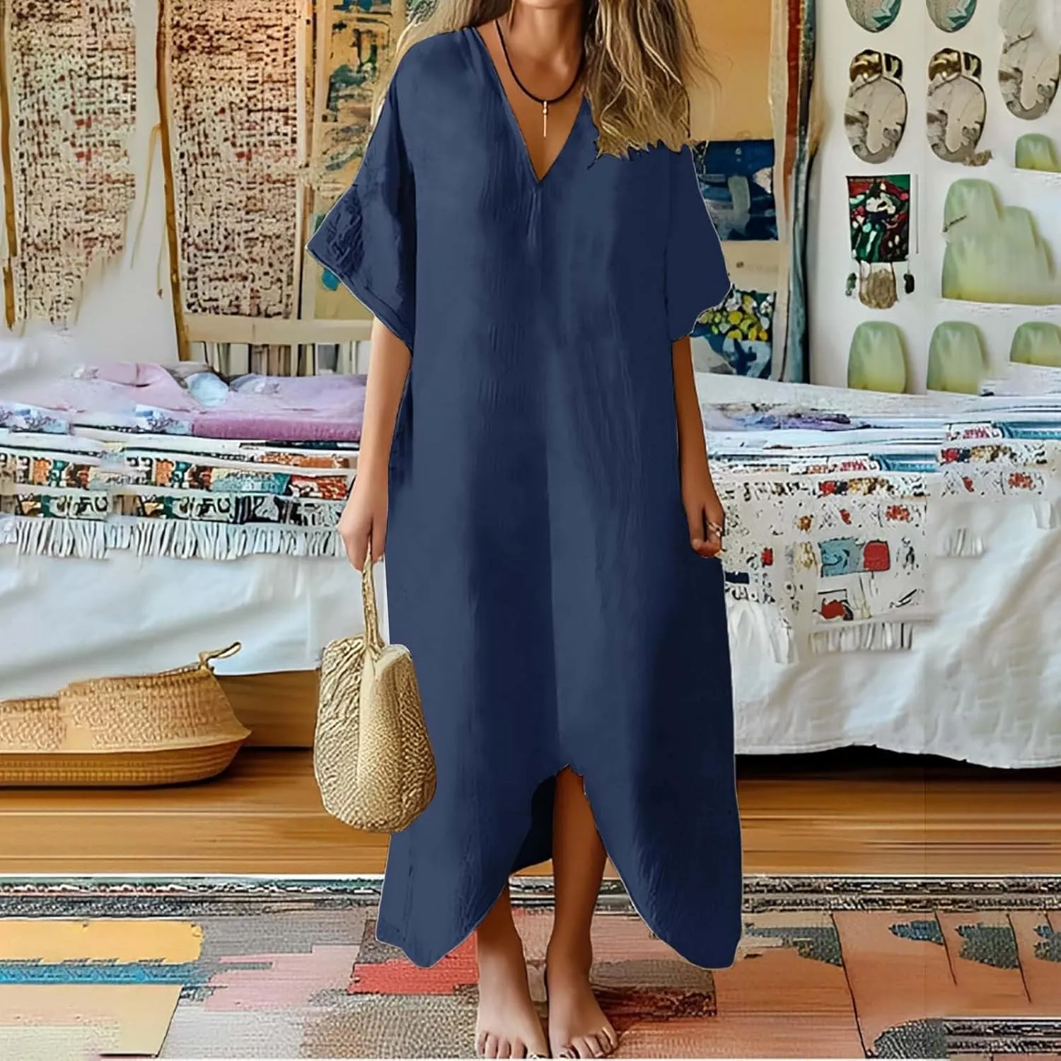 Women's 2025 Linen Casual Dresses Flowy V Neck Short Sleeve Maxi Dress Lightweight Summer Beach Vacation Clothes