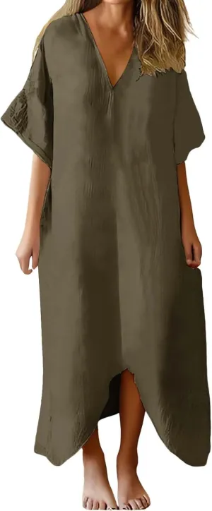 Women's 2025 Linen Casual Dresses Flowy V Neck Short Sleeve Maxi Dress Lightweight Summer Beach Vacation Clothes